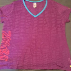 Zumba purple burnout v-neck t-shirt with blue and orange accents. XXLovely.